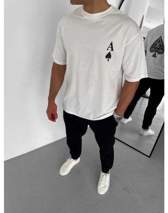 Bisiklet Yaka Baskılı Oversize T-Shirt - Beyaz