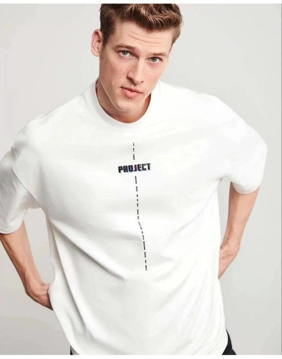 Bisiklet Yaka Baskılı Oversize T-Shirt - Beyaz -