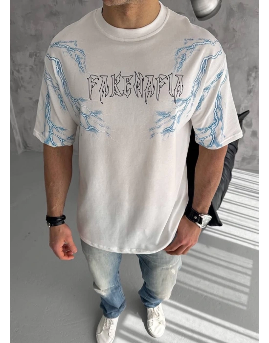 Bisiklet Yaka Baskılı Oversize T-Shirt - Beyaz