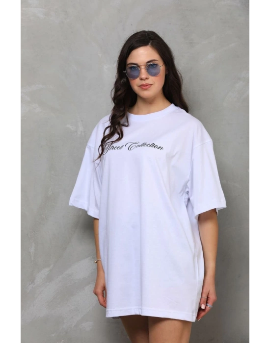 Bisiklet Yaka Baskılı Oversize T-Shirt - Beyaz