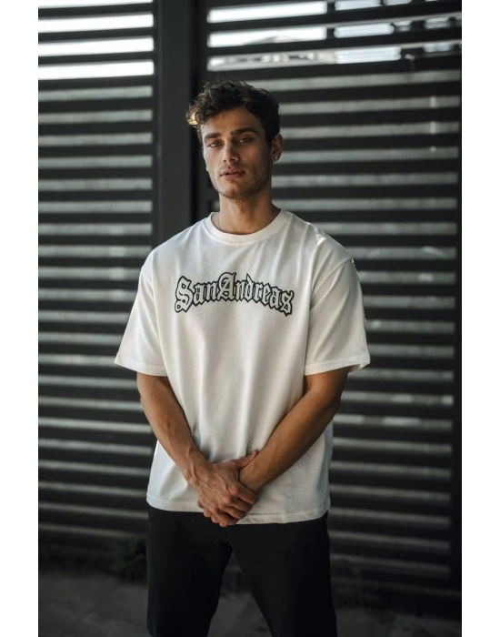 Bisiklet Yaka Baskılı Oversize T-Shirt - Beyaz -