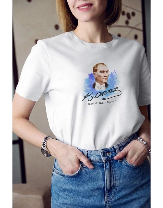 Bisiklet Yaka Baskılı Oversize T-Shirt - Beyaz -