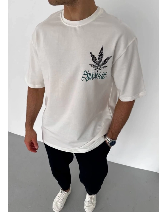 Bisiklet Yaka Baskılı Oversize T-Shirt - Beyaz -