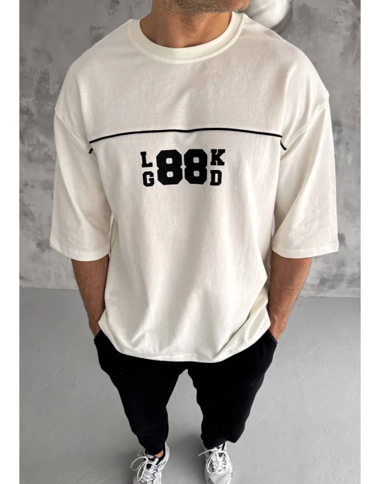 Bisiklet Yaka Baskılı Oversize T-Shirt - Beyaz