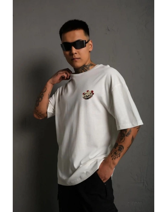 Bisiklet Yaka Baskılı Oversize T-Shirt - Beyaz -