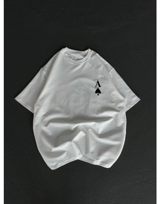 Bisiklet Yaka Baskılı Oversize T-Shirt - Beyaz -