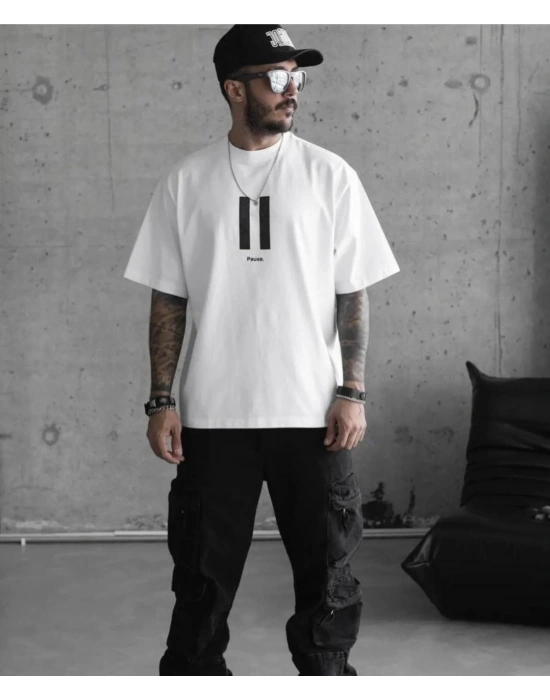 Bisiklet Yaka Baskılı Oversize T-Shirt - Beyaz -