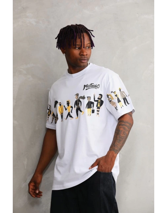 Bisiklet Yaka Baskılı Oversize T-Shirt - Beyaz -