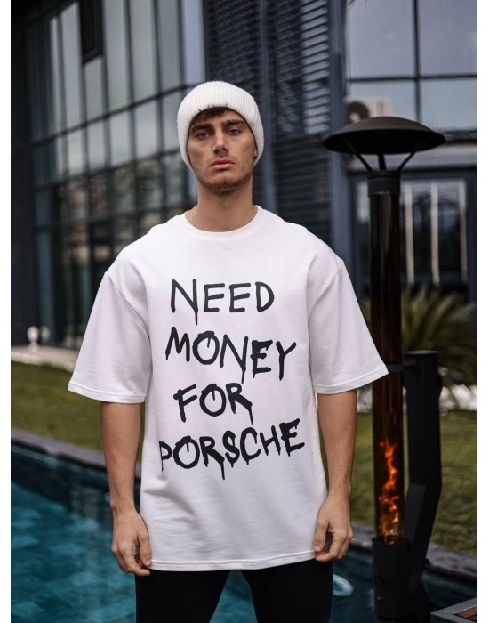 Bisiklet Yaka Baskılı Oversize T-Shirt - Beyaz