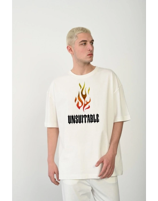 Bisiklet Yaka Baskılı Oversize T-Shirt - Beyaz