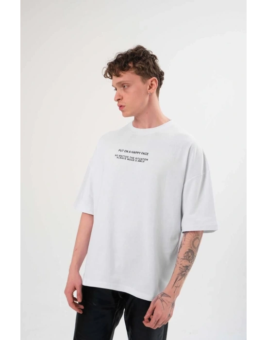 Bisiklet Yaka Baskılı Oversize T-Shirt - Beyaz