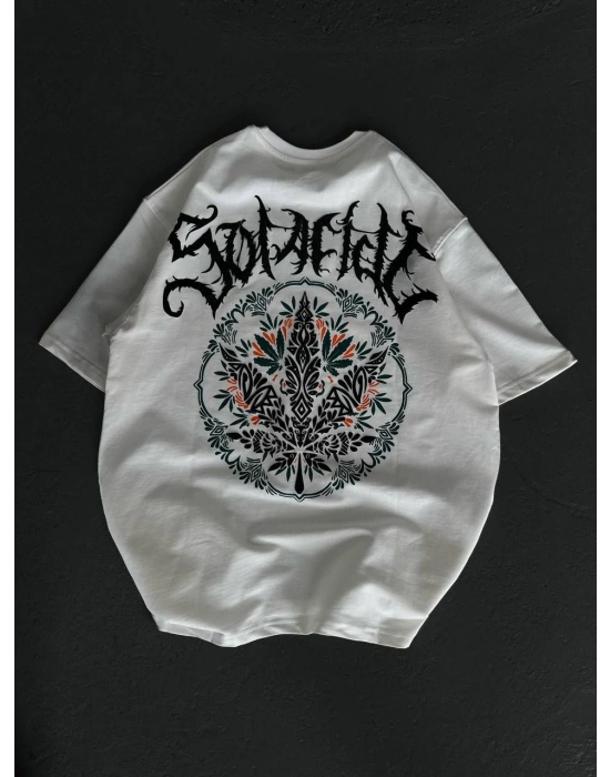 Bisiklet Yaka Baskılı Oversize T-Shirt - Beyaz -