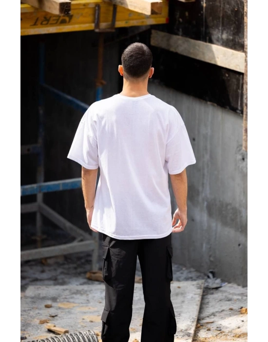 Bisiklet Yaka Baskılı Oversize T-Shirt - Beyaz -