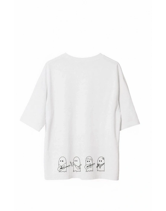 Bisiklet Yaka Baskılı Oversize T-Shirt - Beyaz -