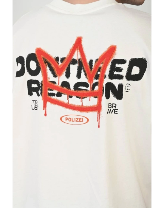 Bisiklet Yaka Baskılı Oversize T-Shirt - Beyaz -