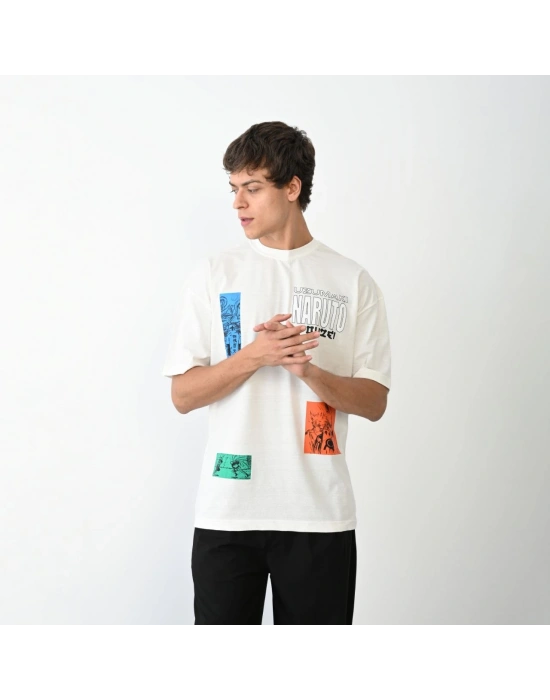 Bisiklet Yaka Baskılı Oversize T-Shirt - Beyaz -