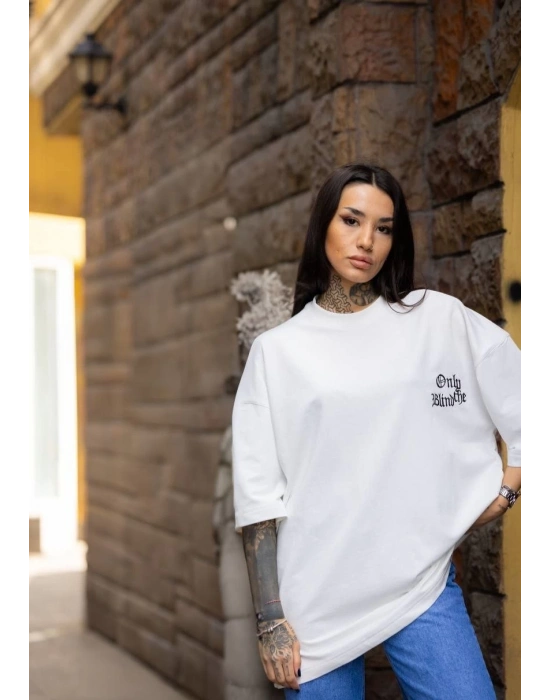 Bisiklet Yaka Baskılı Oversize T-Shirt - Beyaz -