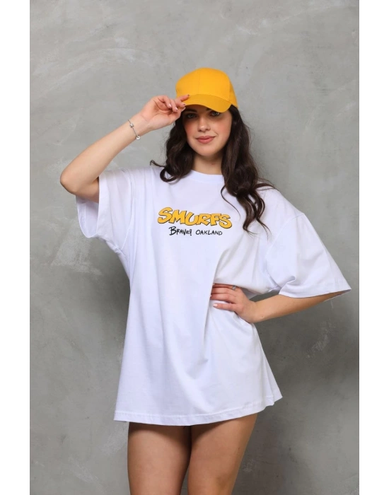 Bisiklet Yaka Baskılı Oversize T-Shirt - Beyaz -