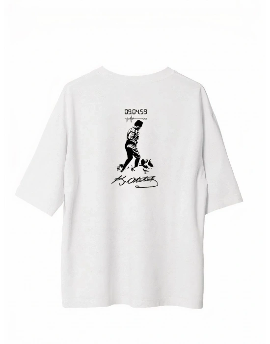 Bisiklet Yaka Baskılı Oversize T-Shirt - Beyaz