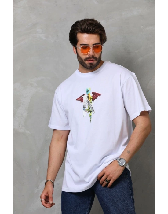 Bisiklet Yaka Baskılı Oversize T-Shirt - Beyaz -