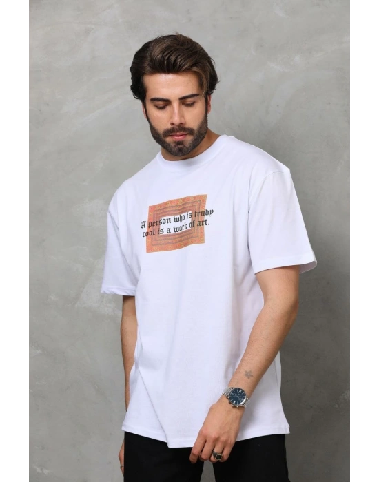 Bisiklet Yaka Baskılı Oversize T-Shirt - Beyaz -