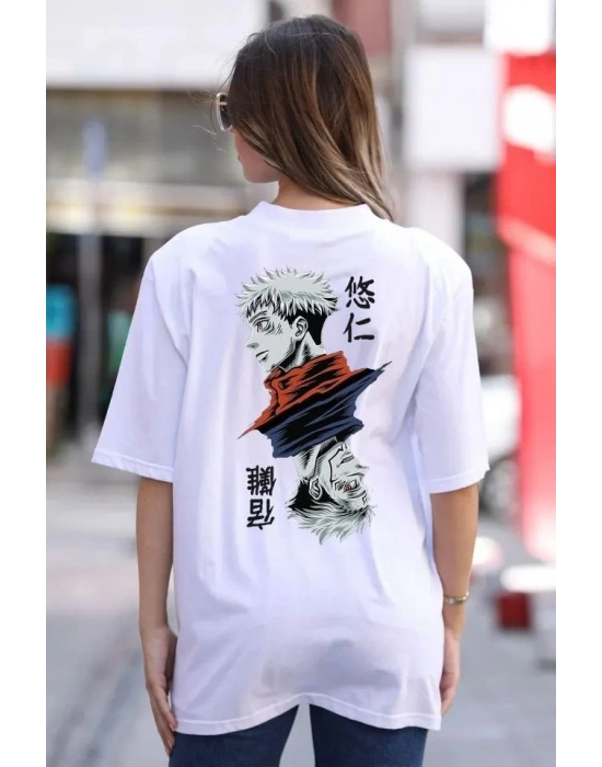 Bisiklet Yaka Baskılı Oversize T-Shirt - Beyaz -