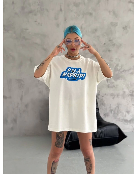 Bisiklet Yaka Baskılı Oversize T-Shirt - Beyaz -