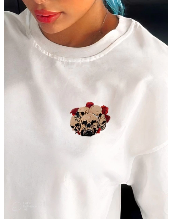 Bisiklet Yaka Baskılı Oversize T-Shirt - Beyaz -