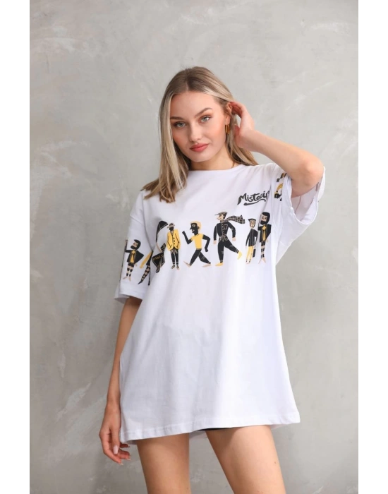Bisiklet Yaka Baskılı Oversize T-Shirt - Beyaz -