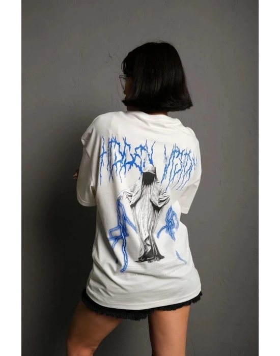 Bisiklet Yaka Baskılı Oversize T-Shirt - Beyaz -