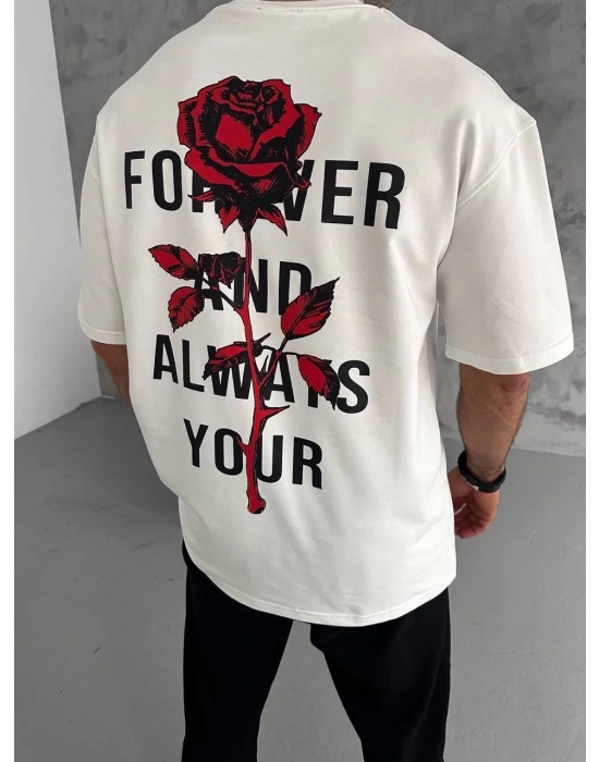 Bisiklet Yaka Baskılı Oversize T-Shirt - Beyaz -