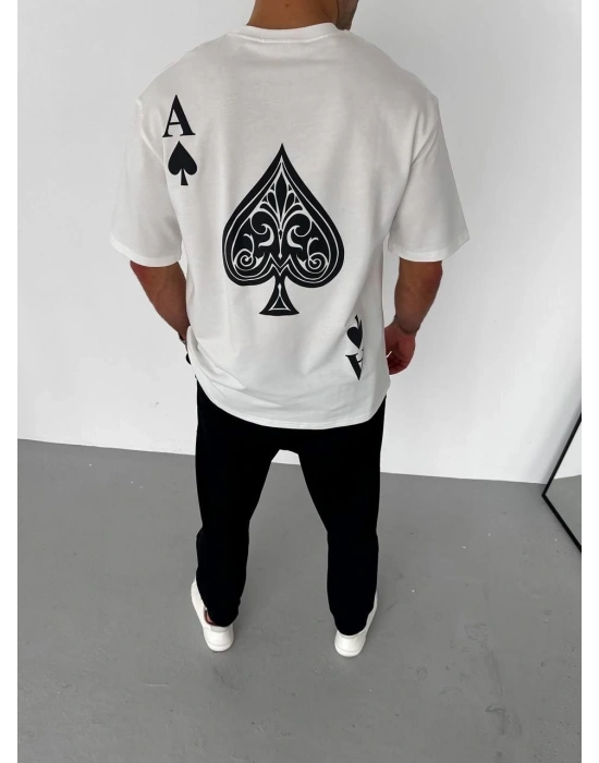 Bisiklet Yaka Baskılı Oversize T-Shirt - Beyaz