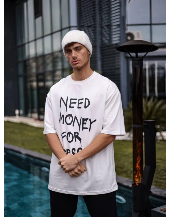 Bisiklet Yaka Baskılı Oversize T-Shirt - Beyaz