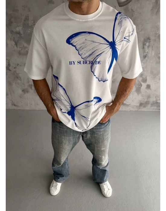 Bisiklet Yaka Baskılı Oversize T-Shirt - Beyaz