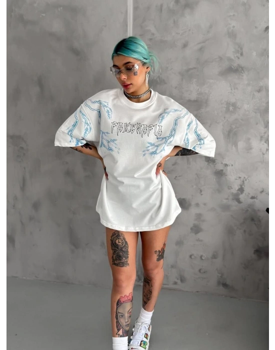 Bisiklet Yaka Baskılı Oversize T-Shirt - Beyaz -