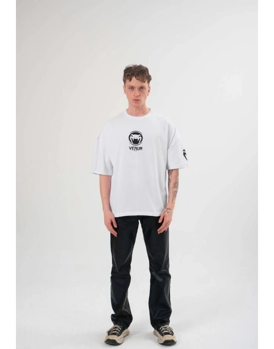 Bisiklet Yaka Baskılı Oversize T-Shirt - Beyaz -