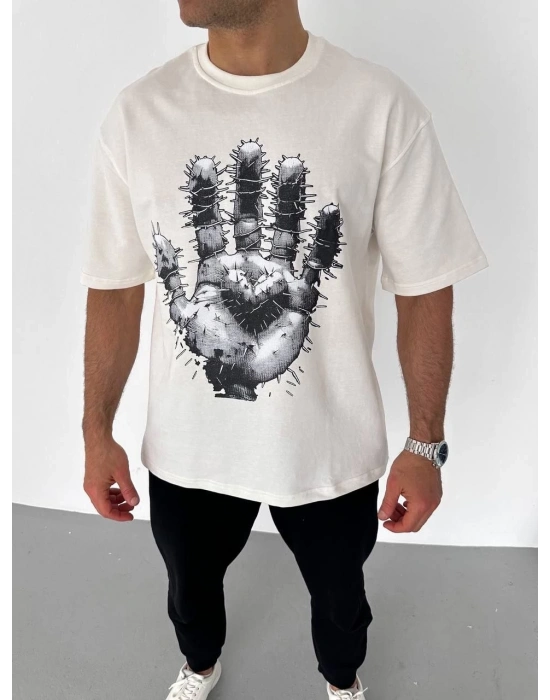 Bisiklet Yaka Baskılı Oversize T-Shirt - Beyaz -