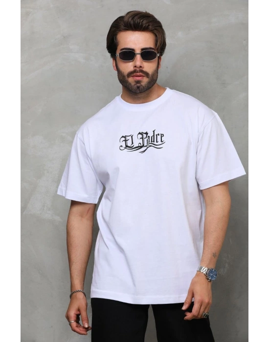 Bisiklet Yaka Baskılı Oversize T-Shirt - Beyaz -