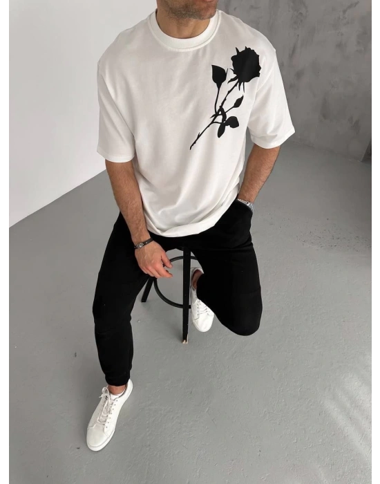 Bisiklet Yaka Baskılı Oversize T-Shirt - Beyaz -