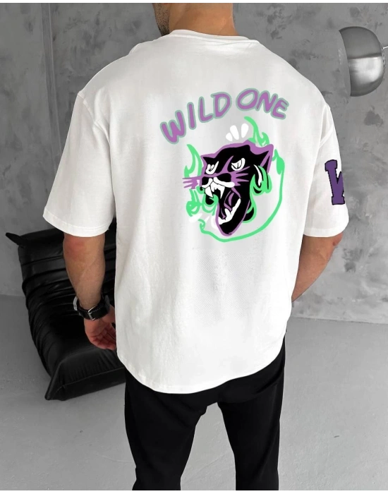 Bisiklet Yaka Baskılı Oversize T-Shirt - Beyaz