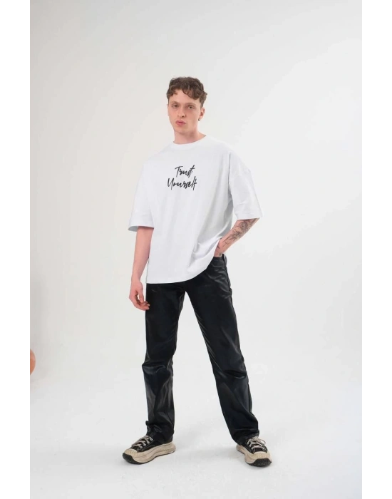 Bisiklet Yaka Baskılı Oversize T-Shirt - Beyaz -