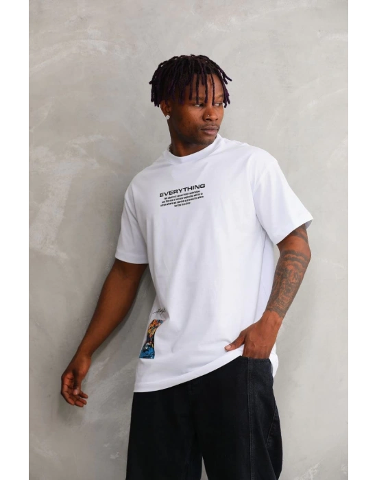 Bisiklet Yaka Baskılı Oversize T-Shirt - Beyaz -