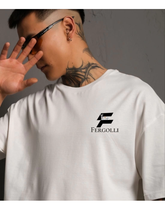 Bisiklet Yaka Baskılı Oversize T-Shirt - Beyaz -