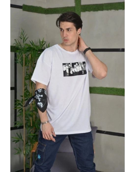 Bisiklet Yaka Baskılı Oversize T-Shirt - Beyaz -