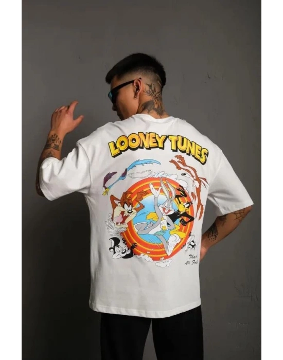 Bisiklet Yaka Baskılı Oversize T-Shirt - Beyaz -