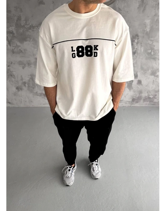 Bisiklet Yaka Baskılı Oversize T-Shirt - Beyaz