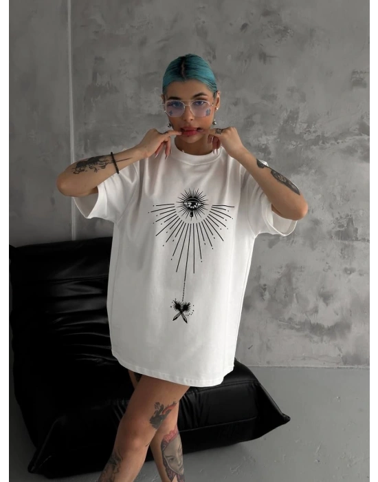 Bisiklet Yaka Baskılı Oversize T-Shirt - Beyaz