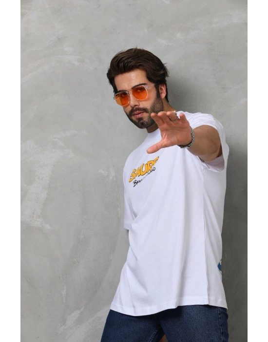 Bisiklet Yaka Baskılı Oversize T-Shirt - Beyaz -