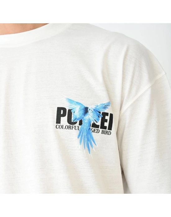 Bisiklet Yaka Baskılı Oversize T-Shirt - Beyaz -