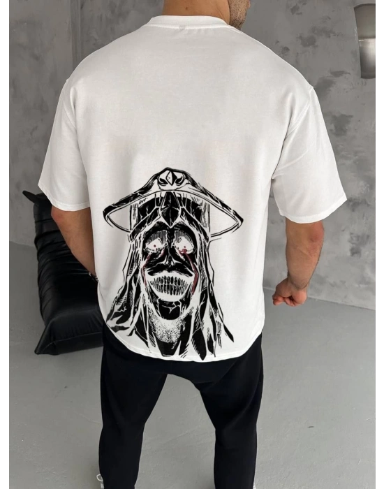 Bisiklet Yaka Baskılı Oversize T-Shirt - Beyaz -